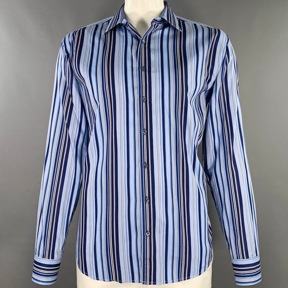 BUGATCHI UOMO Size XL Blue Navy Stripe Cotton Spread Collar Long Sleeve Shirt - Picture 1 of 7
